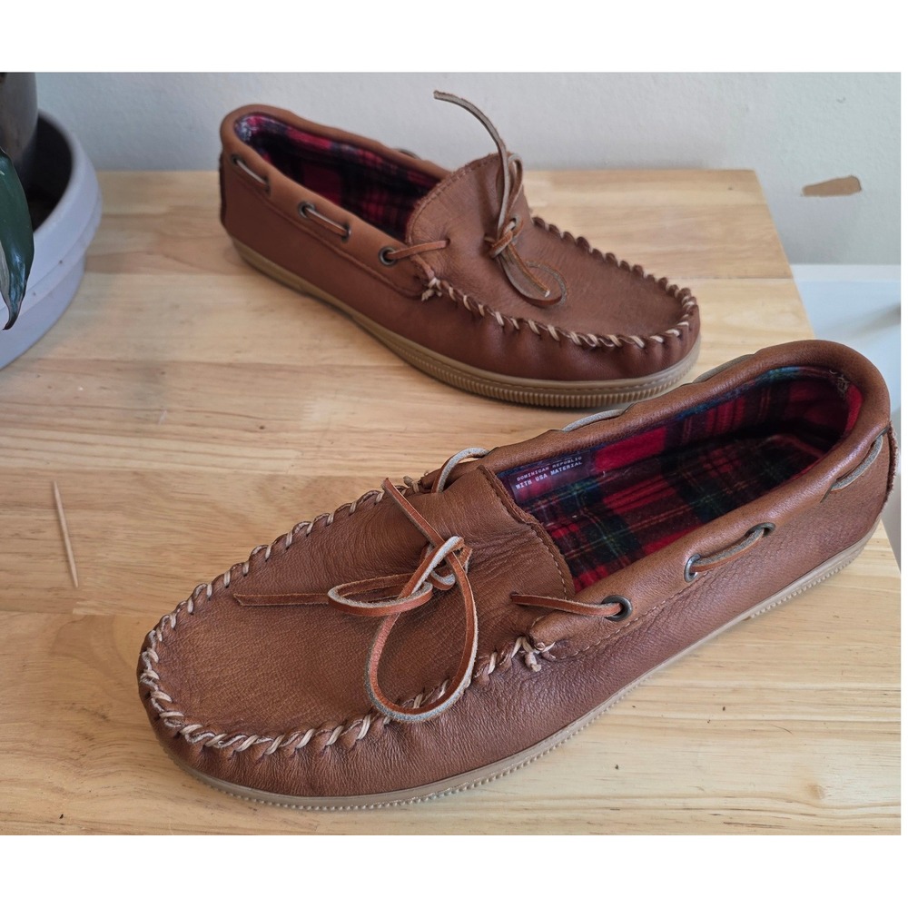 Vtg Minnetonka Tracker moosehide Mens 10 Moccasin Slippers Plaid Lined 13475